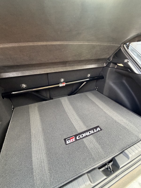 The GR Corolla's optional rear seat chassis brace