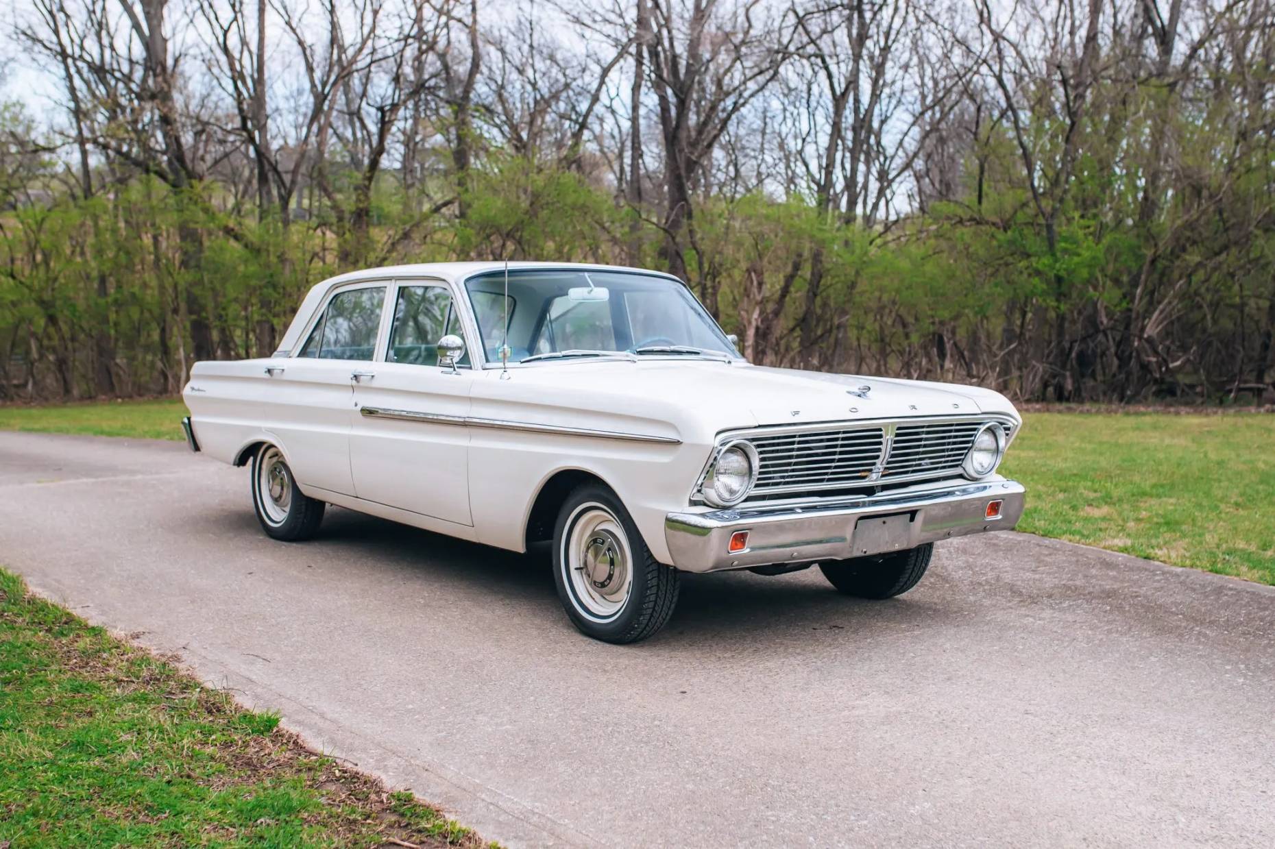 Right front 3q view of a white 1965 Ford Falcon sedan